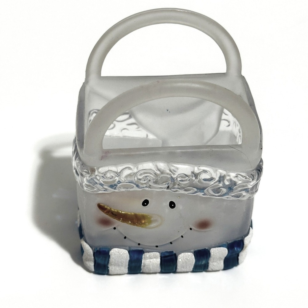Hand Painted Snowman Glass Basket Decor Clear Blue Excellent Holiday Frosted